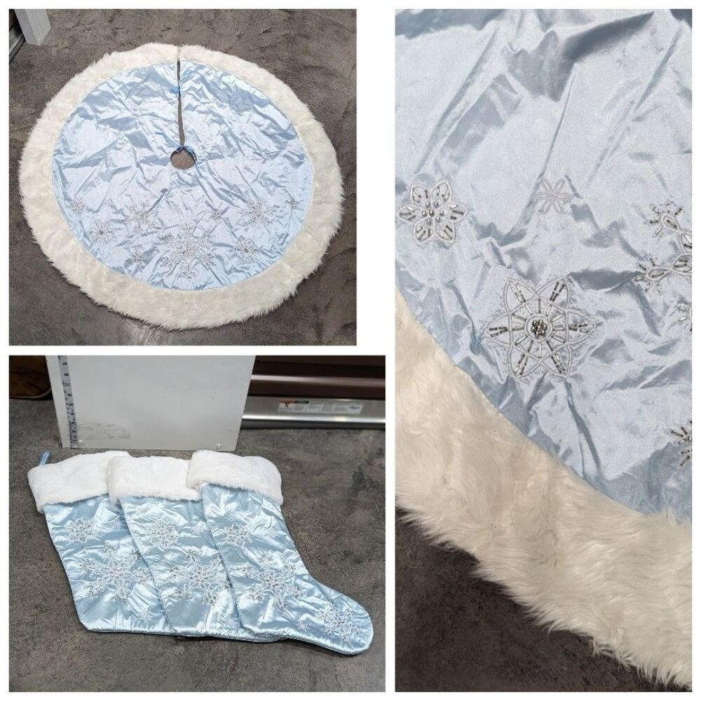 Blue & White 48" Tree Skirt and 3 Matching Stockings satin fur trim snowflakes‎